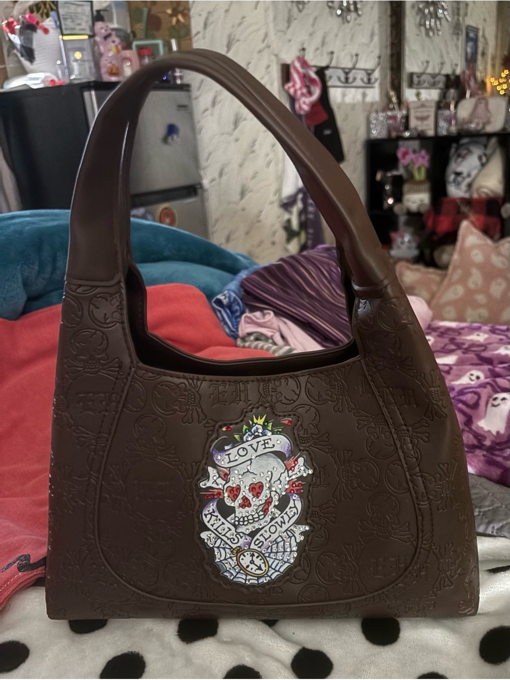 Ed hardy nwot Brown Women's Shoulder Bag with Embossed Skull Patch